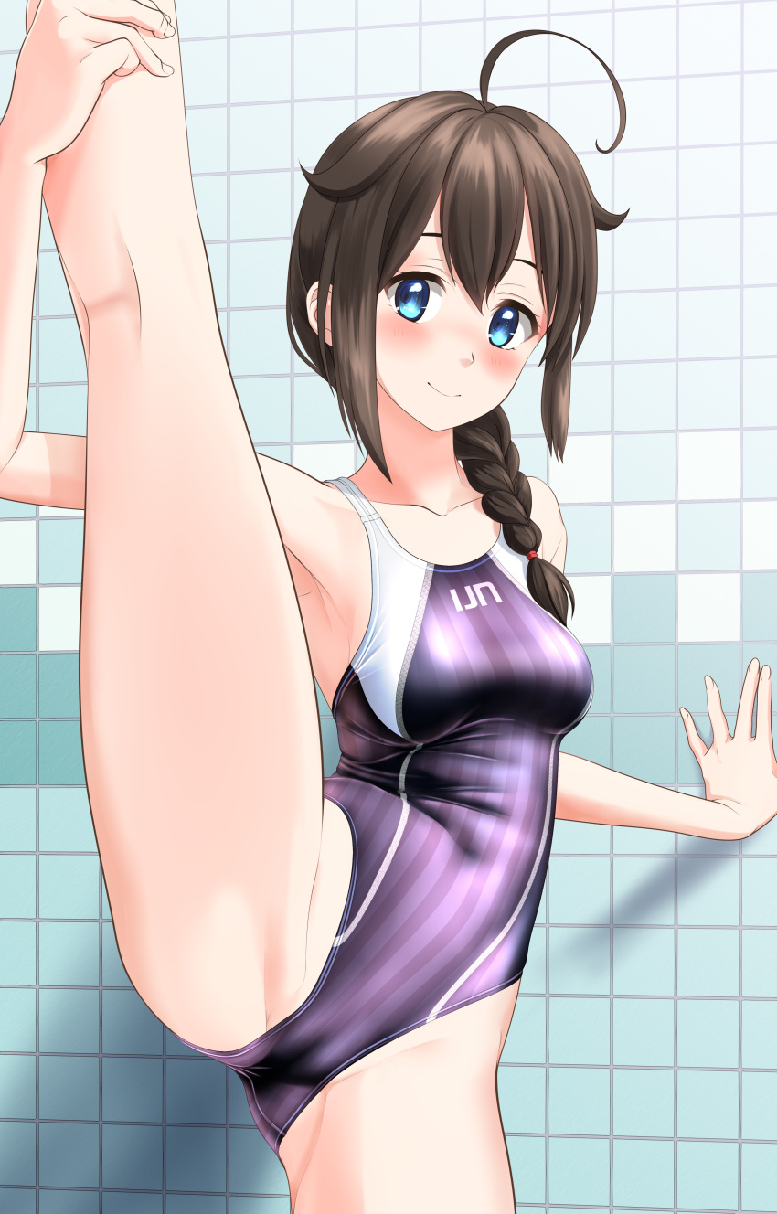 1girl absurdres ahoge black_hair blue_eyes braid breasts clothes_writing collarbone commentary_request competition_swimsuit cowboy_shot hair_flaps hair_ornament hair_over_shoulder highres kantai_collection looking_at_viewer medium_breasts one-piece_swimsuit purple_swimsuit shigure_(kancolle) shigure_kai_ni_(kancolle) single_braid solo split standing standing_on_one_leg standing_split striped striped_swimsuit swimsuit takafumi tile_wall tiles