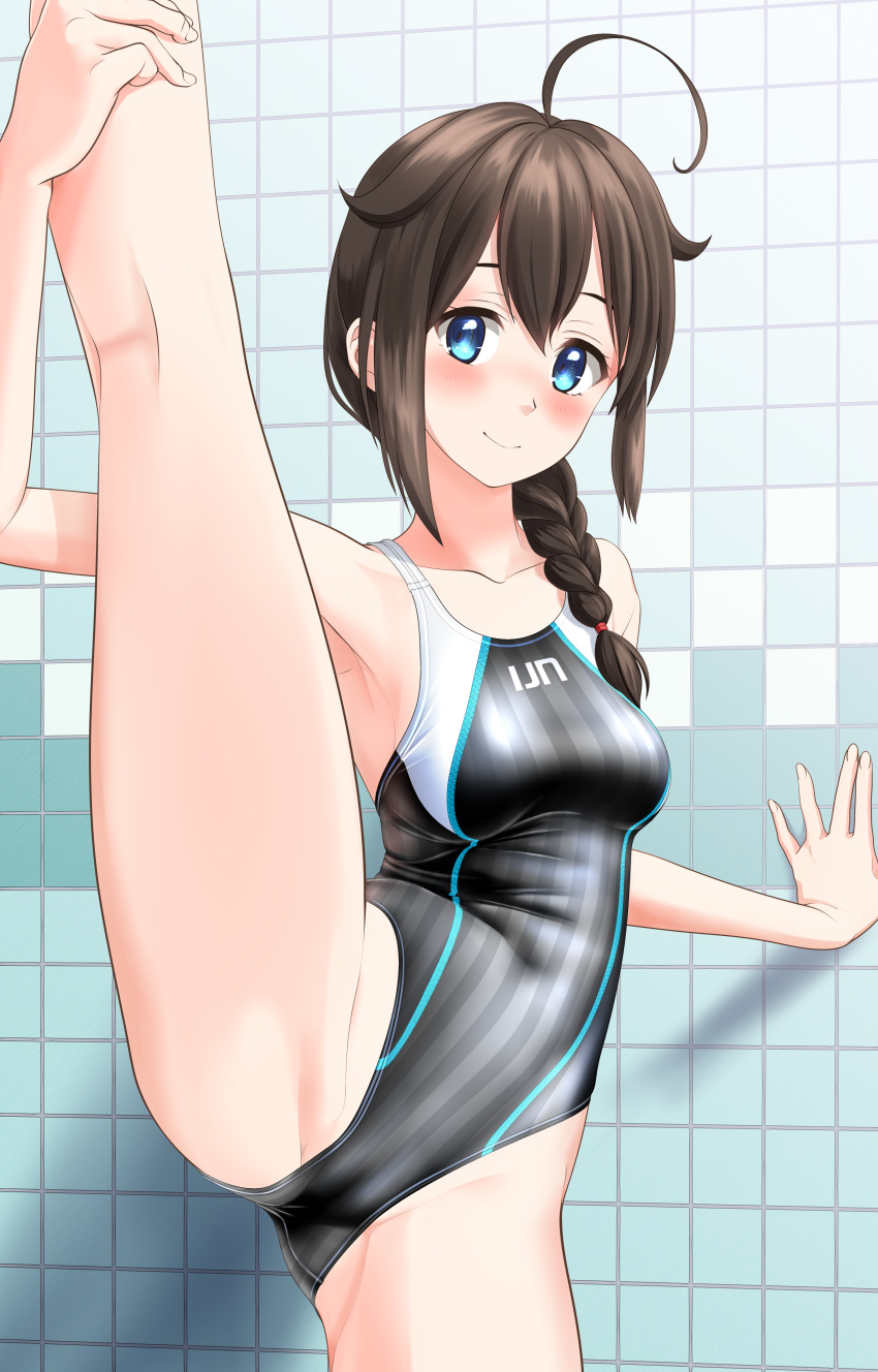 1girl absurdres ahoge black_hair black_swimsuit blue_eyes braid breasts clothes_writing collarbone commentary_request competition_swimsuit cowboy_shot hair_flaps hair_ornament hair_over_shoulder highres kantai_collection looking_at_viewer medium_breasts one-piece_swimsuit shigure_(kancolle) shigure_kai_ni_(kancolle) single_braid solo split standing standing_on_one_leg standing_split striped striped_swimsuit swimsuit takafumi tile_wall tiles