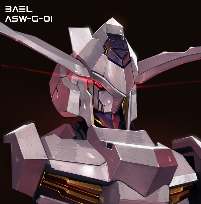 absurdres brayanong999 brown_background character_name commission english_commentary glowing glowing_eye gundam gundam_bael gundam_tekketsu_no_orphans highres mecha mobile_suit no_humans portrait red_eyes solo v-fin