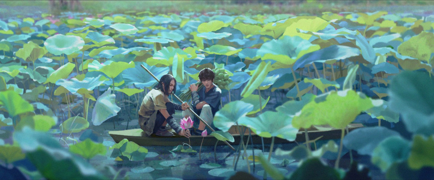 2boys arm_wrap black_hair boat bud carrying_over_shoulder chenalii commentary day ei_sei_(kingdom) english_commentary flower highres holding holding_flower holding_pole kingdom knees_up lake leaf looking_down lotus male_focus multiple_boys nature pants pole shin_(kingdom) shirt shoes short_hair short_sleeves sitting watercraft