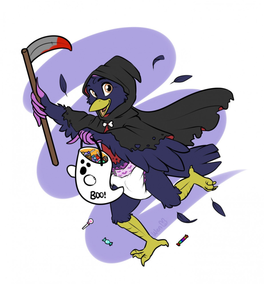 anthro avian bird candy corvid dessert diaper english_text food gambit_(the_corvid) ghost halloween halloween_costume hi_res holidays male oscine passerine reaper_(disambiguation) solo spirit text wen