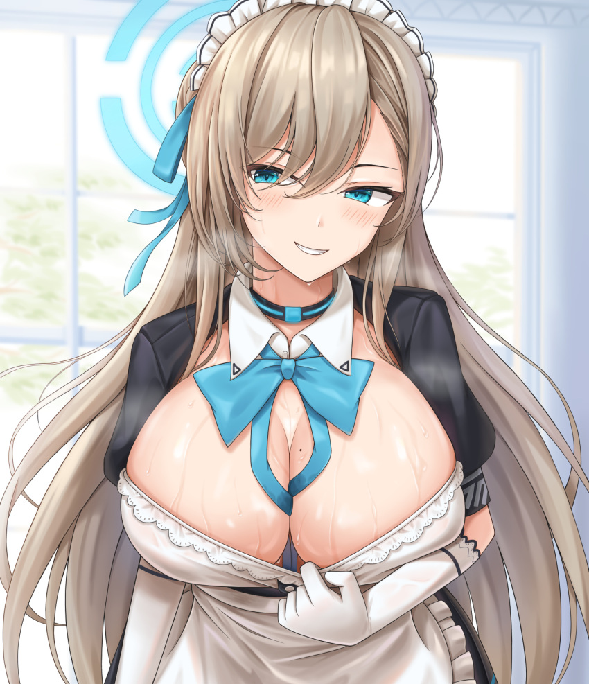 1girl apron aqua_bow aqua_eyes aqua_ribbon asuna_(blue_archive) bangs blonde_hair blue_archive blush bow breasts cleavage collar detached_sleeves dress dress_tug highres huge_breasts lace lazb. long_hair maid maid_apron maid_headdress ribbon smile steam sweat wet window