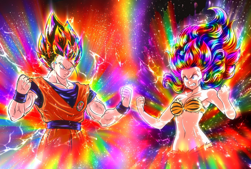 1boy 1girl aura bangs bare_arms bare_shoulders blue_eyes breasts cleavage clenched_hands clenched_teeth crossover dragon_ball floating_hair hands_up highres horns long_hair lum midriff multicolored_hair navel parody rainbow_background rainbow_hair short_sleeves son_goku spiked_hair strapless super_saiyan teeth tiger_stripes toned toned_male umeboshiyatura urusei_yatsura veins w_arms widow's_peak wristband