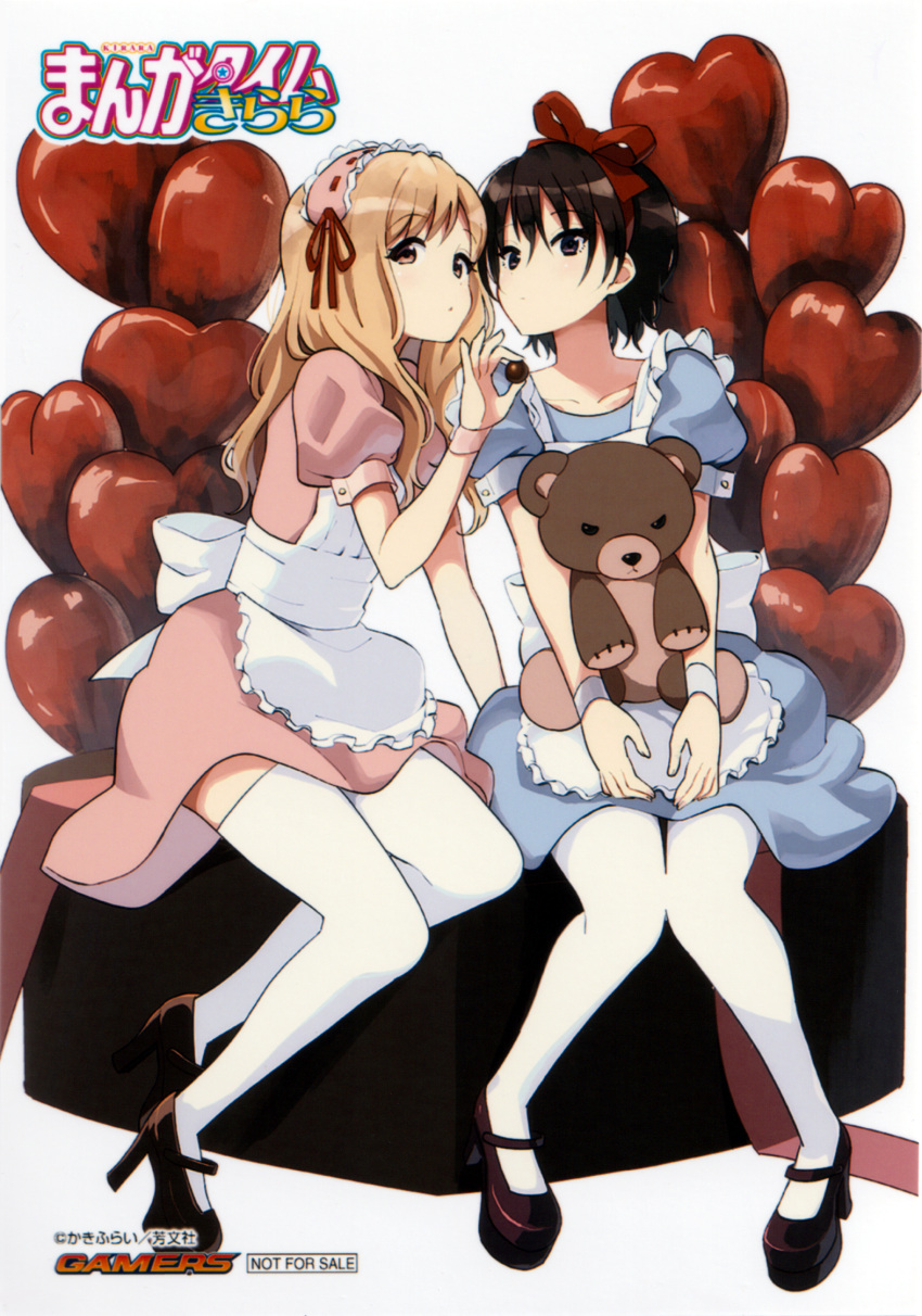 2girls apron bangs black_hair blonde_hair bow bow_hairband candy chocolate dress eyebrows_visible_through_hair food frills full_body hair_bow hairband heart heart-shaped_chocolate high_heels highres holding k-on! k-on!_shuffle kakifly kawabe_risa long_hair looking_at_viewer maid maid_apron maid_headdress manga_time_kirara multiple_girls official_art ohtake_ranka oversized_food puffy_short_sleeves puffy_sleeves purple_eyes red_eyes ribbon scan scan_artifacts short_sleeves sitting stuffed_animal stuffed_toy teddy_bear thighhighs valentine white_background white_legwear wrist_cuffs