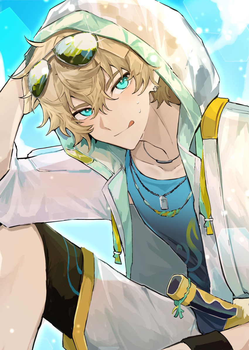absurdres arknights bishounen blonde_hair blue_eyes blue_shirt blue_sky cowboy_shot dog_boy dog_tags highres hood hoodie male_focus nemururin shirt shorts sky solo sparkle sunglasses sword tequila tequila_(arknights) tinted_eyewear tongue tongue_out weapon
