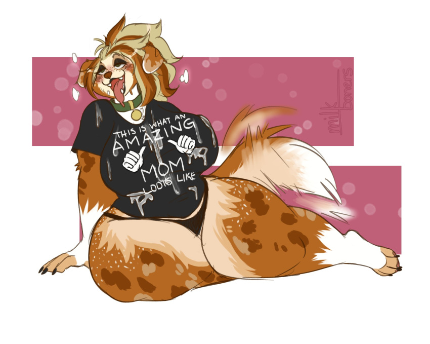 2022 ahegao anthro big_breasts bodily_fluids breasts canid canine canis clothed clothing cum cum_on_clothing domestic_dog eye_roll fangs female fur genital_fluids hi_res huge_breasts looking_pleasured mammal mature_female milkboners open_mouth open_smile simple_background smile solo tail_motion tailwag teeth text text_on_clothing text_on_topwear thick_thighs topwear