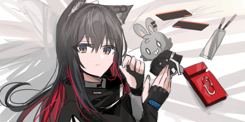 1girl absurdres animal_ear_fluff animal_ears arknights bangs bed_sheet black_capelet black_gloves black_hair blue_eyes capelet chihuri closed_mouth clothes_writing ear_piercing eyebrows_visible_through_hair fingerless_gloves food gloves hair_between_eyes hands_up highres long_sleeves looking_at_viewer lying multicolored_hair on_back piercing pocky red_hair solo streaked_hair stuffed_animal stuffed_bunny stuffed_toy texas_(arknights) upper_body