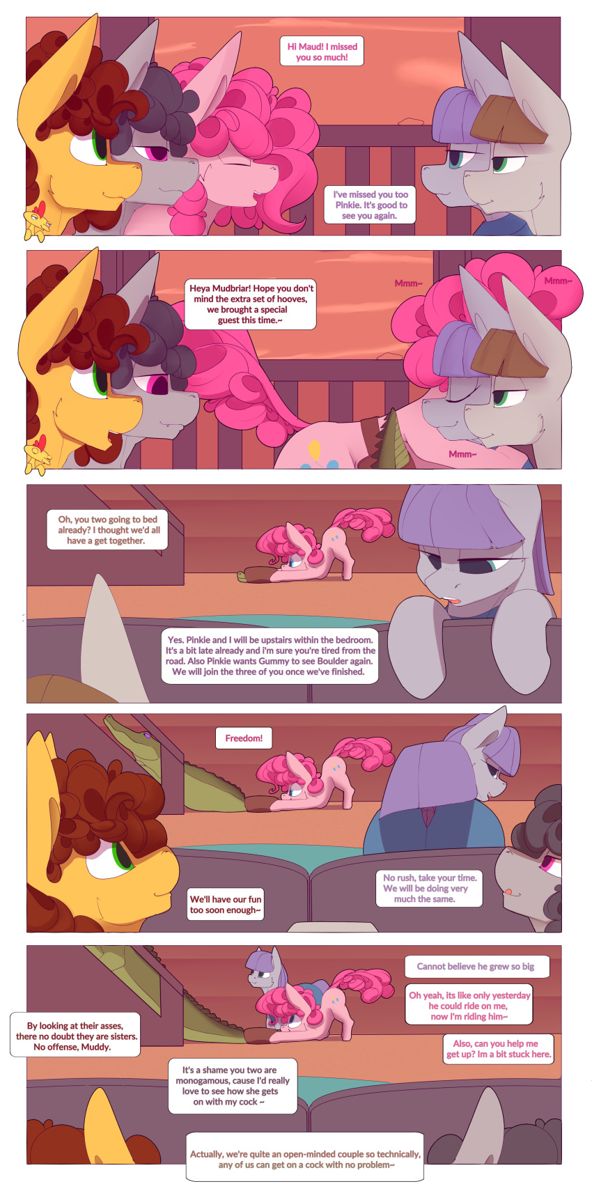 absurd_res alligator alligatorid animal_genitalia anus blue_eyes boneless_(mlp) brown_hair chapaevv cheese_sandwich_(mlp) clothing comic comic:meet_the_pies crocodilian cutie_mark dialogue digital_media_(artwork) earth_pony english_text equid equine fan_character female feral friendship_is_magic fur genitals group gummy_(mlp) hair hasbro hi_res horse male mammal maud_pie_(mlp) mercury_gray mudbriar_(mlp) my_little_pony nude open_mouth pink_body pink_fur pink_hair pinkie_pie_(mlp) pony purple_hair reptile scalie text zebra