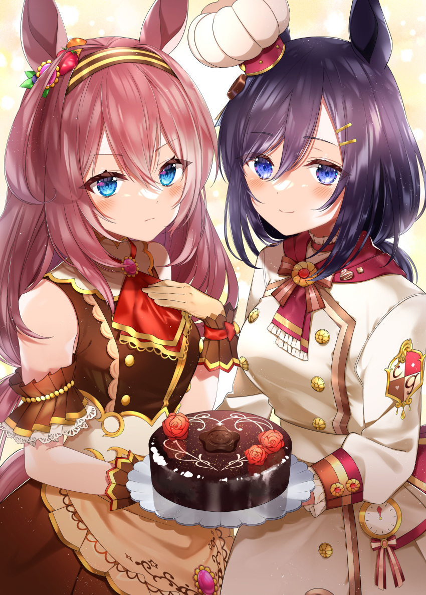 2girls absurdres animal_ears ascot bangs black_hair black_hairband blue_eyes blush brooch brown_dress brown_hair cake chef_hat chocolate_cake closed_mouth clothing_cutout commentary crown_patisserie_(umamusume) dress ear_ornament eishin_flash_(collect_chocolatier)_(umamusume) eishin_flash_(umamusume) emblem eyebrows_visible_through_hair food frilled_cuffs frilled_sleeves frills hair_between_eyes hair_ornament hairband hairclip hand_on_own_chest hat high_collar highres holding holding_tray horse_ears horse_girl horse_tail jewelry long_hair long_sleeves looking_at_viewer medium_dress mihono_bourbon_(code:glassage)_(umamusume) mihono_bourbon_(umamusume) mini_hat multiple_girls neckerchief nobell_(bell_no5) official_alternate_costume red_ascot red_neckerchief short_hair short_sleeves shoulder_cutout side-by-side sleeveless sleeveless_dress smile standing swept_bangs tail tilted_headwear tray umamusume white_dress wrist_cuffs