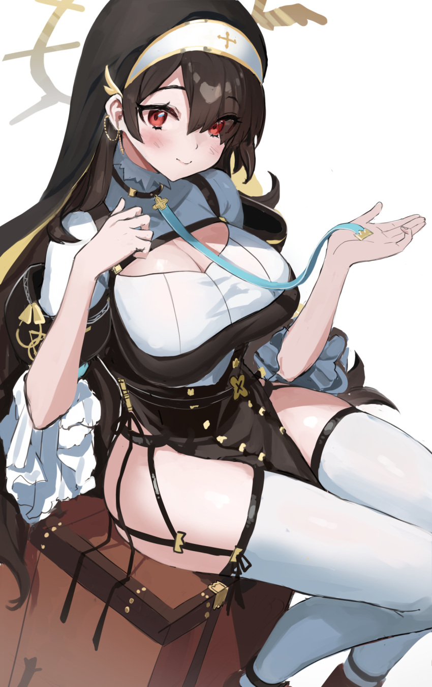 1girl asymmetrical_bangs bangs black_hair blue_archive blue_neckwear breasts brown_bag cleavage_cutout clothing_cutout cross cross_earrings earrings eyebrows_visible_through_hair eyes_visible_through_hair feet_out_of_frame frills garter_belt garter_straps habit hair_over_one_eye halo highres hinata_(blue_archive) jewelry large_breasts long_hair looking_at_viewer nun red_eyes simple_background sitting smile solo stone_(ksorede) suitcase thighhighs white_background white_legwear