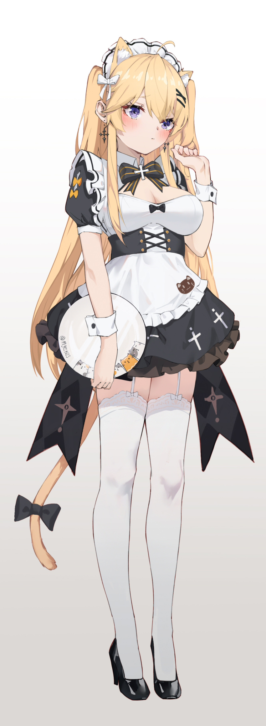 1girl absurdres ahoge animal_ear_fluff animal_ears animal_print apron black_bow black_bowtie black_footwear blush bodice bow bowtie bsmycc cat_day cat_ears cat_print cat_tail character_request copyright_request cross cross_earrings cross_print dress earrings extra_ears full_body garter_straps hair_bow hair_ornament hairclip hand_up head_tilt high_heels highres holding holding_tray jewelry looking_afar looking_away maid_apron maid_headdress puffy_short_sleeves puffy_sleeves purple_eyes short_dress short_sleeves solo standing stiletto_heels tail tail_bow tail_ornament thighhighs tray two_side_up virtual_youtuber waitress white_apron white_background white_bow white_legwear wrist_cuffs zettai_ryouiki