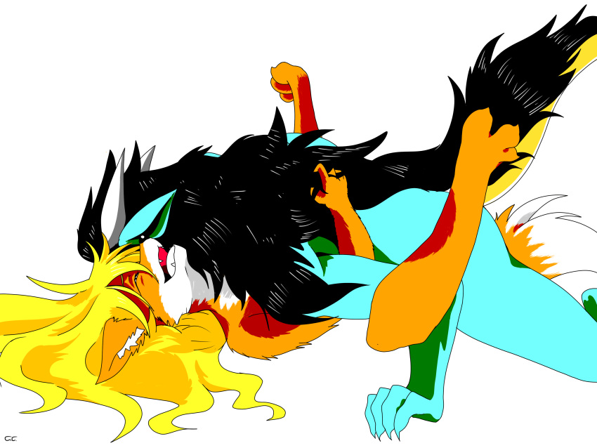 absurd_res anthro black_hair blonde_hair canid canine cecethefoxwitch dragon duo embrace female fox from_front_position fur furred_dragon green_body green_scales hair hair_grab hi_res horn humanoid looking_pleasured lying male male/female mammal missionary_position on_back orange_body orange_fur scales scalie sex tan_body tan_scales touching_hair white_body white_fur white_horn