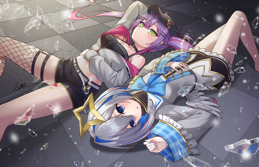 2girls amane_kanata angel_wings bangs black_shorts black_skirt blue_eyes blue_hair blush broken_glass colored_inner_hair commentary_request eyebrows_visible_through_hair fishnet_legwear fishnets frilled_skirt frills garters glass green_eyes grey_jacket hair_between_eyes halo hand_on_own_stomach highres hololive jacket long_sleeves lying multicolored_hair multiple_girls on_back parted_lips pink_hair purple_hair red_hair shorts silver_hair single_thighhigh skirt star_halo streaked_hair thighhighs tokoyami_towa virtual_youtuber wings z.m._(school913102)