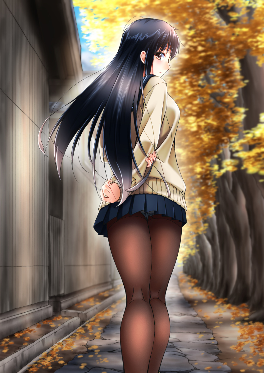 1girl absurdres arms_behind_back ass autumn autumn_leaves black_hair blue_skirt brown_eyes brown_legwear brown_sweater building from_behind highres kneepits leaf legs long_hair looking_at_viewer looking_back original outdoors panties panties_under_pantyhose panty_peek pantyhose school_uniform skirt solo sumeragi_tomo sweater thighband_pantyhose thighs tree underwear walking white_panties