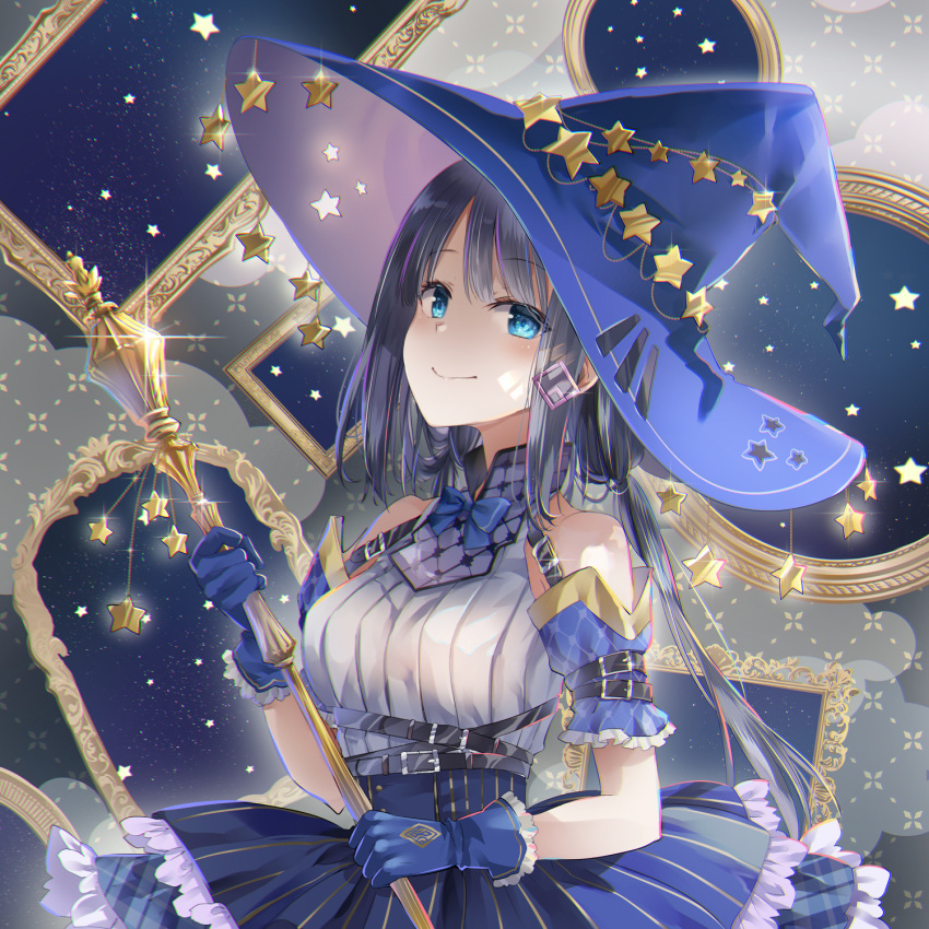 1girl blue_bow blue_gloves blue_headwear blue_skirt bow closed_mouth commentary_request frilled_skirt frills gloves hand_up hat highres holding holding_staff layered_skirt naruse_chisato original shirt skirt sleeveless sleeveless_shirt smile solo staff star_(symbol) white_shirt witch_hat