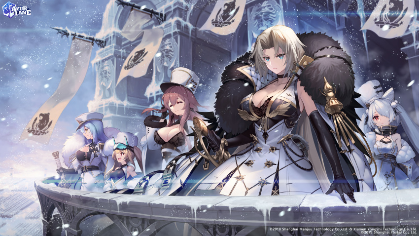 +_+ 5girls absurdres arkhangelsk_(azur_lane) azur_lane balcony bangs banner black_bodysuit black_bra black_choker black_gloves blonde_hair blue_eyes bodysuit bodysuit_under_clothes bra breasts brown_hair center_opening choker cleavage closed_eyes closed_mouth cloud cloudy_sky coat cold commentary cowboy_shot criss-cross_halter cross earrings elbow_gloves english_commentary expressionless eyebrows_visible_through_hair eyelashes fur-trimmed_sleeves fur_hat fur_scarf fur_trim gloves goggles goggles_on_head grey_sky hair_between_eyes hair_over_one_eye halterneck hand_in_hair hand_on_hilt hat highres jewelry kiev_(azur_lane) kronshtadt_(azur_lane) lace-trimmed_bra lace_trim large_breasts light_blue_hair lips logo long_hair medium_breasts mole mole_on_breast multiple_girls nakamura_eight northern_parliament_(emblem) o-ring official_art open_mouth outdoors oversized_breast_cup parted_bangs peaked_cap pom_pom_(clothes) red_eyes saber_(weapon) second-party_source sheath sheathed silver_hair sky sleeveless smile snow snowing soobrazitelny_(azur_lane) sword twintails underwear ushanka v-shaped_eyebrows volga_(azur_lane) watermark weapon white_coat white_headwear wind yellow_eyes