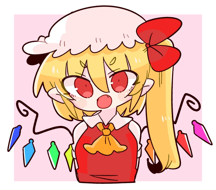 1girl arms_behind_back ascot blonde_hair blush border bow chibi cropped_torso crystal eyebrows_visible_through_hair fang flandre_scarlet hair_between_eyes hair_bow hat highres mob_cap one_side_up op_na_yarou open_mouth outside_border pink_background red_bow red_eyes red_vest short_hair simple_background smile solo touhou upper_body v-shaped_eyebrows vest white_border wings yellow_ascot