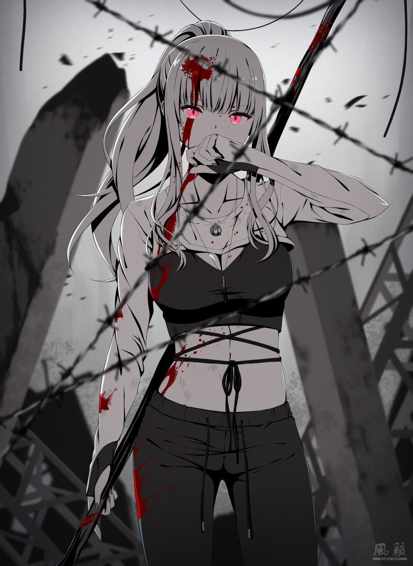 1girl absurdres barbed_wire blood blood_in_hair blood_on_clothes blood_on_face breasts cleavage collarbone cowboy_shot crop_top furai_art glowing glowing_eyes highres holding holding_scythe hololive hololive_english jewelry large_breasts long_hair long_sleeves looking_at_viewer monochrome mori_calliope navel necklace pants pink_eyes ponytail ruins scythe shinigami signature solo sports_bra virtual_youtuber wiping_face