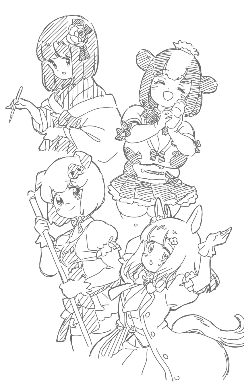 4girls :&gt; :&lt; :d :o ^_^ ^o^ animal_ears animal_print arms_up bangs bare_shoulders blunt_bangs blush bob_cut bottle bow bowtie breasts brooch calligraphy_brush chestnut_mouth cleavage closed_eyes closed_mouth coat commentary_request cow_ears cow_girl cow_print cowboy_shot cropped_legs cropped_torso crossover drink elbow_gloves eyebrows_visible_through_hair facing_viewer flower frilled_gloves frilled_sleeves frills from_side glove_bow gloves greyscale hair_flower hair_ornament hairclip hand_up hands_up happy happy_meek_(umamusume) hatching_(texture) hieda_no_akyuu highres holding holding_bottle holding_brush holding_drink holding_paintbrush holstein_friesian_cattle_(kemono_friends) horse_ears horse_girl horse_tail japanese_clothes jewelry kanzashi kemono_friends kemono_friends_3 kimono large_breasts leaning_to_the_side linear_hatching long_sleeves looking_at_viewer looking_to_the_side milk milk_bottle miniskirt mitsumoto_jouji monochrome multicolored_hair multiple_girls open_clothes open_coat open_mouth paintbrush parted_lips petticoat pig_(kemono_friends) pig_ears pig_girl pleated_skirt print_gloves puffy_short_sleeves puffy_sleeves short_hair short_sleeves simple_background sketch skindentation skirt sleeveless smile split_mouth sweat tail tareme thighhighs topknot touhou tsumami_kanzashi two-tone_hair umamusume upper_body white_background wide_sleeves zettai_ryouiki