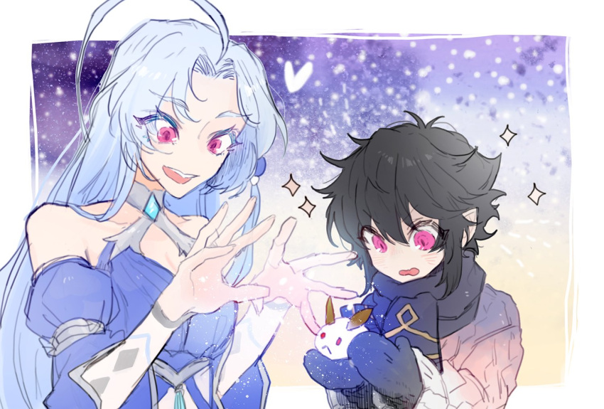 1boy 1girl androgynous black_hair blue_hair bunny leeee_ro long_hair lord_of_heroes lumie_miratisa nine_(lord_of_heroes) otoko_no_ko pale_skin pink_eyes pointy_ears purple_eyes snow sparkle