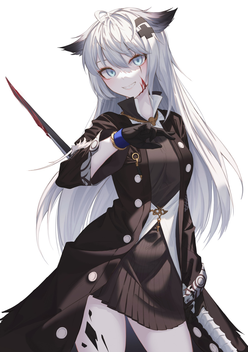 1girl absurdres ahoge animal_ears arknights bangs black_coat black_gloves black_knight blood blood_on_face blue_eyes breasts buttons cat_ears coat cowboy_shot dress english_commentary gloves grin hair_between_eyes hair_ornament hand_up high_collar highres holding holding_weapon korean_commentary lappland_(arknights) lappland_(refined_horrormare)_(arknights) long_hair looking_at_viewer medium_breasts mixed-language_commentary open_clothes open_coat scar scar_on_face sharp_teeth simple_background skull_necklace smile solo standing sweater sweater_dress teeth thighs weapon white_background white_hair