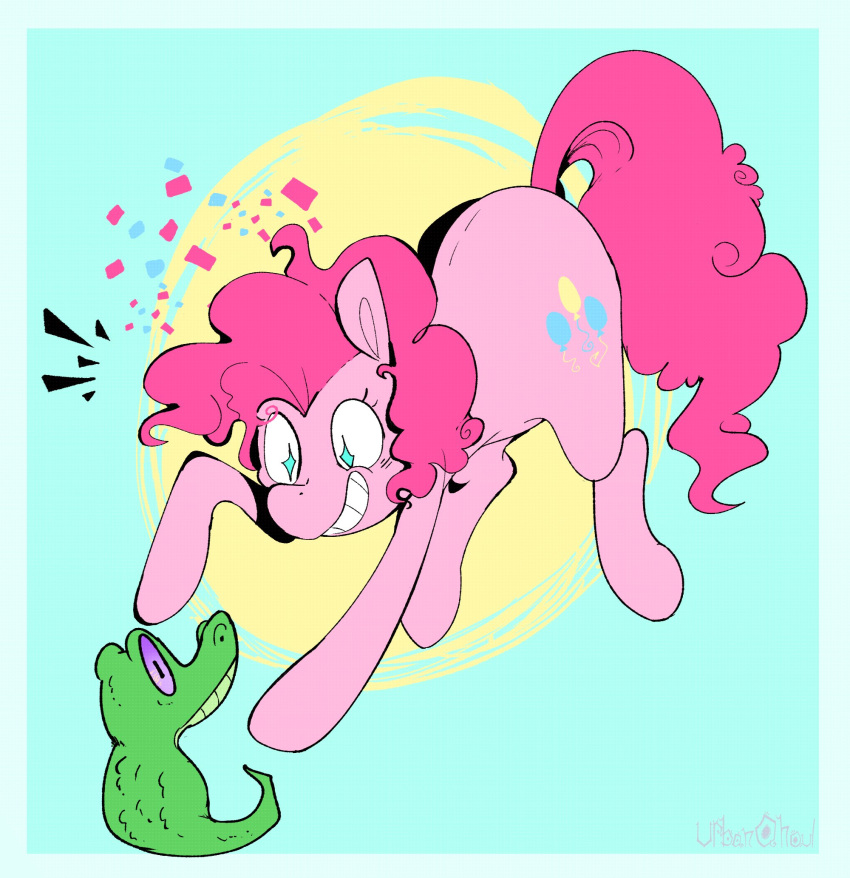 alligator alligatorid blue_eyes confetti crocodilian cutie_mark duo earth_pony equid equine eye_contact female feral friendship_is_magic green_body gummy_(mlp) hair hasbro hi_res horse looking_at_another male mammal my_little_pony pink_body pink_hair pink_tail pinkie_pie_(mlp) pony purple_eyes reptile scalie smile teeth urbanqhoul