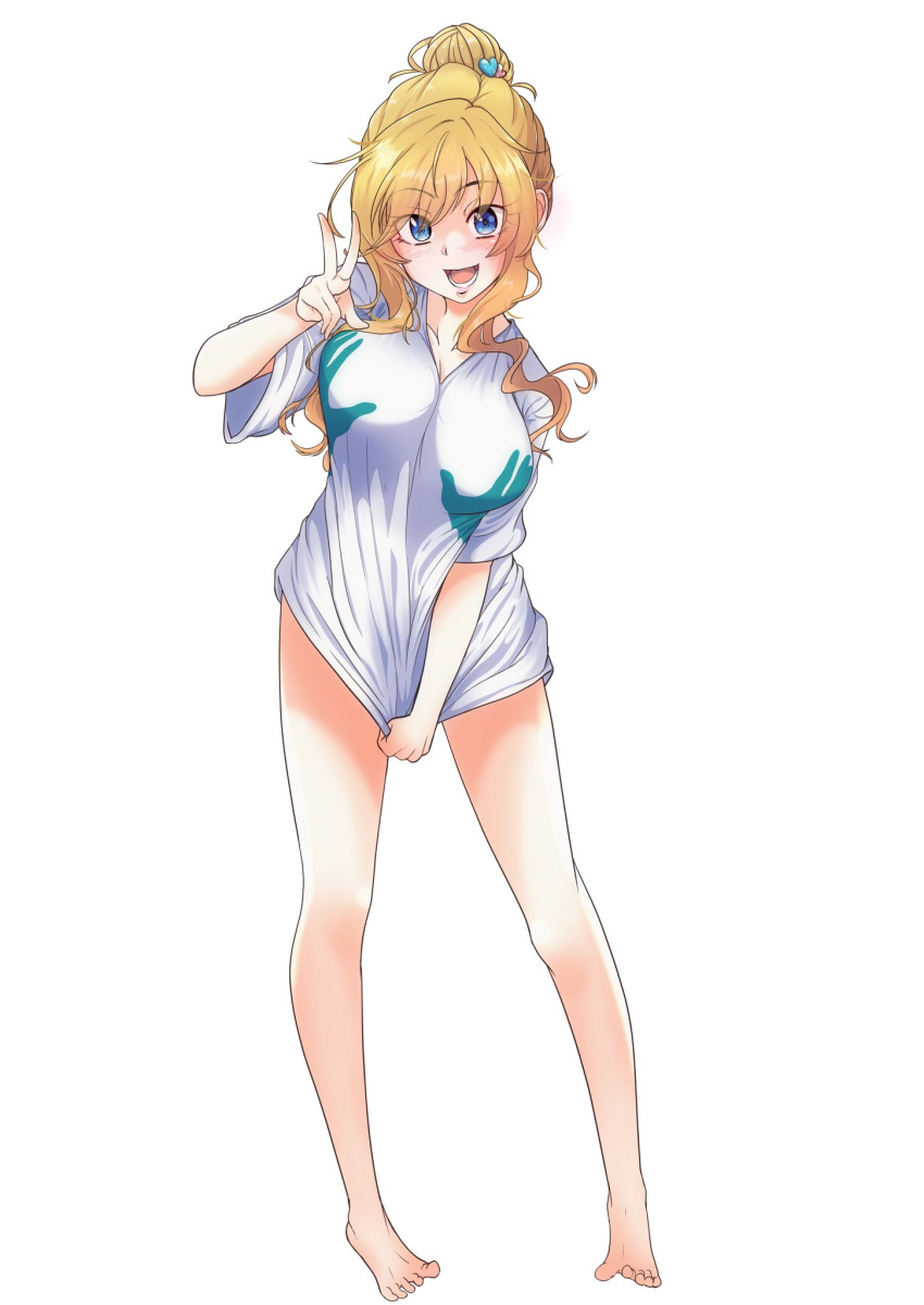 alternate_costume asikaga_yosimitu baggy_clothes bangs bare_legs barefoot blonde_hair blue_eyes breasts cleavage clothes_tug collarbone contrapposto eyebrows_visible_through_hair full_body hair_bun hair_ornament hair_up hand_print heart heart_hair_ornament highres idolmaster idolmaster_cinderella_girls large_breasts leaning_forward long_hair looking_at_viewer messy_hair naked_shirt no_bra ohtsuki_yui open_mouth print_shirt shirt shirt_tug sidelocks smile swept_bangs t-shirt tsurime unaligned_breasts upturned_eyes v_neck w wavy_mouth white_shirt