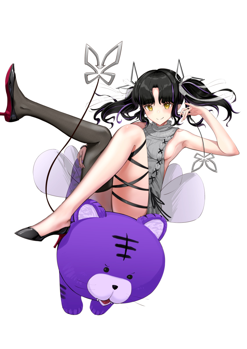 1girl absurdres armpits bangs black_footwear black_hair black_legwear black_ribbon blush breasts closed_mouth commentary_request demon_girl demon_horns demon_tail eyebrows_visible_through_hair full_body grey_sweater high_heels highres horns kojo_anna leg_ribbon long_hair looking_at_viewer medium_breasts meme_attire multicolored_hair official_alternate_costume parted_bangs pointy_ears purple_hair ribbon sankyo_(821-scoville) sideboob simple_background single_thighhigh smile solo stuffed_animal stuffed_tiger stuffed_toy sugar_lyric sweater tail thighhighs transparent_background two-tone_hair two_side_up virgin_killer_sweater virtual_youtuber yellow_eyes