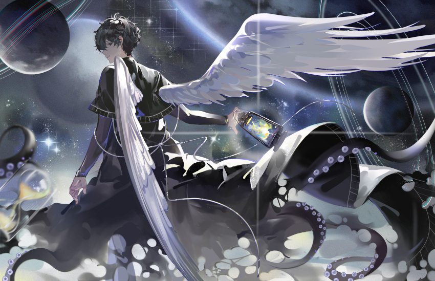 1boy absurdres amon_(lord_of_the_mysteries) angel angel_wings bangs black_eyes black_hair black_robe chinese_commentary clock commentary_request ears fire highres holding_lamp looking_at_viewer looking_back lord_of_the_mysteries pants planet prejun smile solo space star_(sky) tentacles tentacles_under_clothes wings