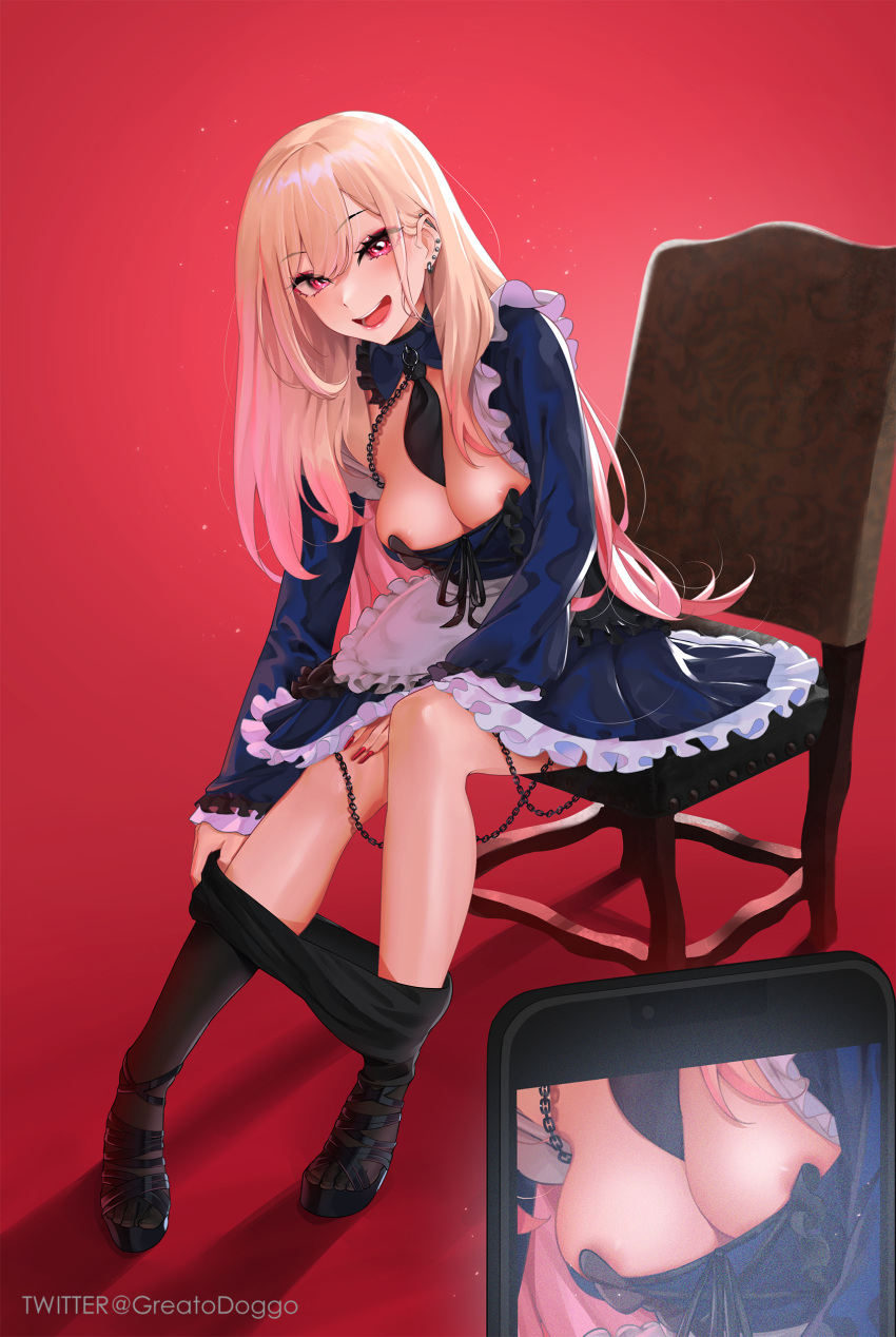 1girl absurdres apron black_dress black_legwear blonde_hair breasts cellphone chair dress earrings gradient_hair greatodoggo highres jewelry kitagawa_marin long_hair maid maid_apron medium_breasts multicolored_hair open_mouth phone piercing red_eyes red_hair shoes smile sono_bisque_doll_wa_koi_wo_suru taking_picture