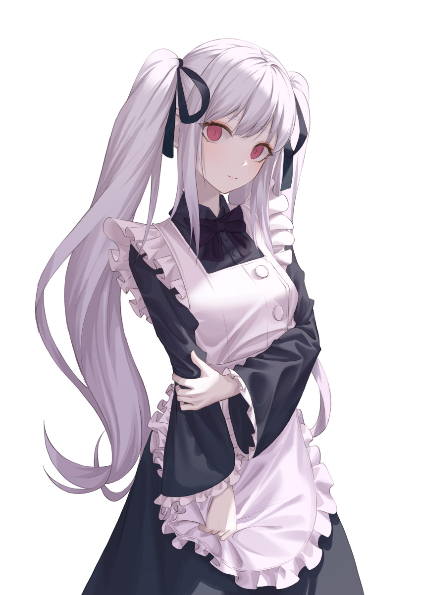 1girl :| absurdres apron bangs black_bow black_bowtie black_knight black_ribbon bow bowtie buttons closed_mouth commentary cowboy_shot expressionless eyebrows_visible_through_hair frilled_apron frills hair_between_eyes hair_ribbon highres holding_own_arm long_hair looking_at_viewer maid maid_apron original red_eyes ribbon simple_background solo standing symbol-only_commentary thick_eyebrows twintails white_background