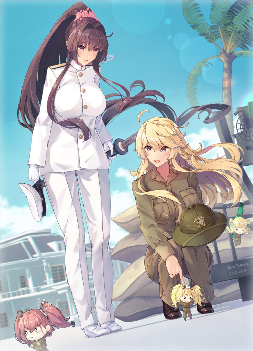 &gt;_&lt; 0_0 5girls anti-aircraft anti-aircraft_gun artist_name atlanta_(kancolle) beige_pants beige_shirt black_neckwear blonde_hair blue_eyes breasts brown_eyes brown_footwear brown_hair cherry_blossoms clothing_request collared_shirt dated fletcher_(kancolle) frown gambier_bay_(kancolle) gloves hat high_ponytail highres himeyamato holding holding_weapon iowa_(kancolle) jacket kantai_collection katana large_breasts light_brown_hair long_hair military military_hat military_uniform multiple_girls one_eye_closed pants ponytail sandbag shirt star-shaped_pupils star_(symbol) sword symbol-shaped_pupils two_side_up uniform weapon white_footwear white_gloves white_jacket white_legwear yamato_(kancolle)