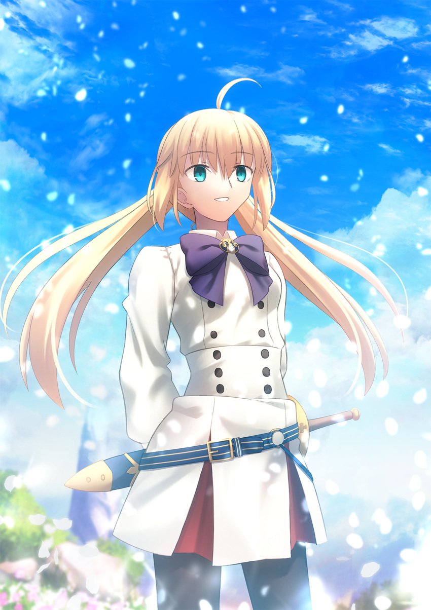 1girl ahoge arms_behind_back artoria_pendragon_(caster)_(fate) artoria_pendragon_(fate) bangs belt belt_buckle black_legwear blonde_hair blue_belt blue_bow blue_sky bow bowtie buckle buttons cloud commentary day dress eyebrows_visible_through_hair fate/grand_order fate_(series) green_eyes grin hair_between_eyes highres long_hair looking_away migiha outdoors pantyhose petals sheath sheathed short_sword sky smile solo sword takeuchi_takashi_(style) twintails weapon white_dress