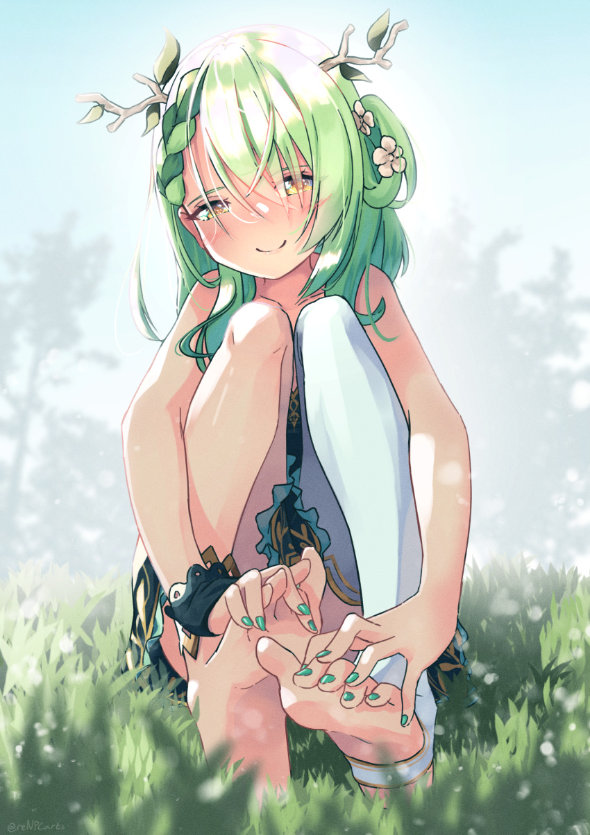 1girl antlers barefoot blue_dress blush braid branch ceres_fauna dress fingers_interlocked_with_toes flower grass green_hair green_nails hair_flower hair_ornament hair_over_one_eye hands_on_feet highres hololive hololive_english leaf looking_at_viewer nail_polish renpc side_ponytail sleeveless sleeveless_dress smile soles solo squinting toenail_polish toenails toes tree virtual_youtuber yellow_eyes