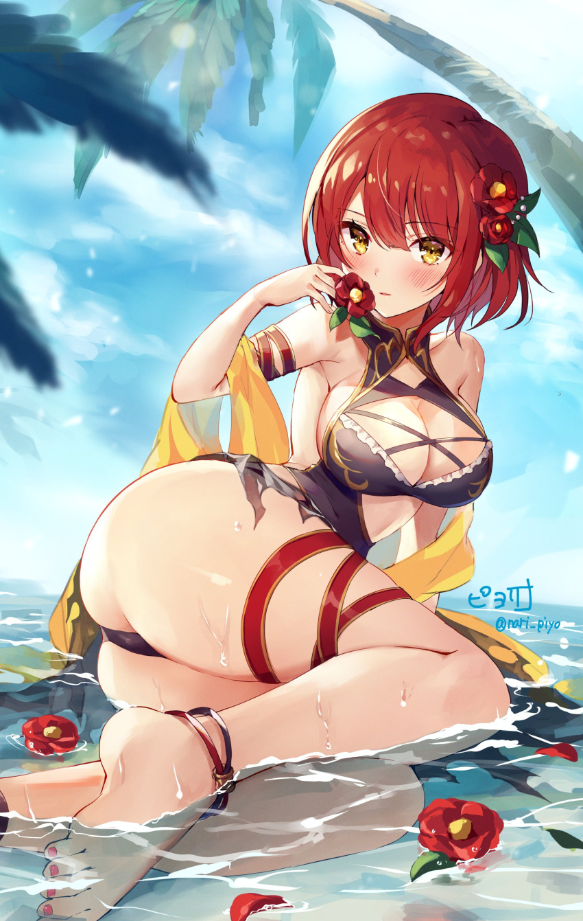1girl absurdres ass blue_sky breasts cleavage commentary_request day flower flower_knight_girl hair_flower hair_ornament highres large_breasts looking_at_viewer nail_polish palm_tree partially_submerged piyoyanagi red_hair red_nails ribbon short_hair signature sitting sky solo swimsuit thigh_ribbon toenail_polish toenails tree tsubaki_(flower_knight_girl) twitter_username water yellow_eyes yokozuwari