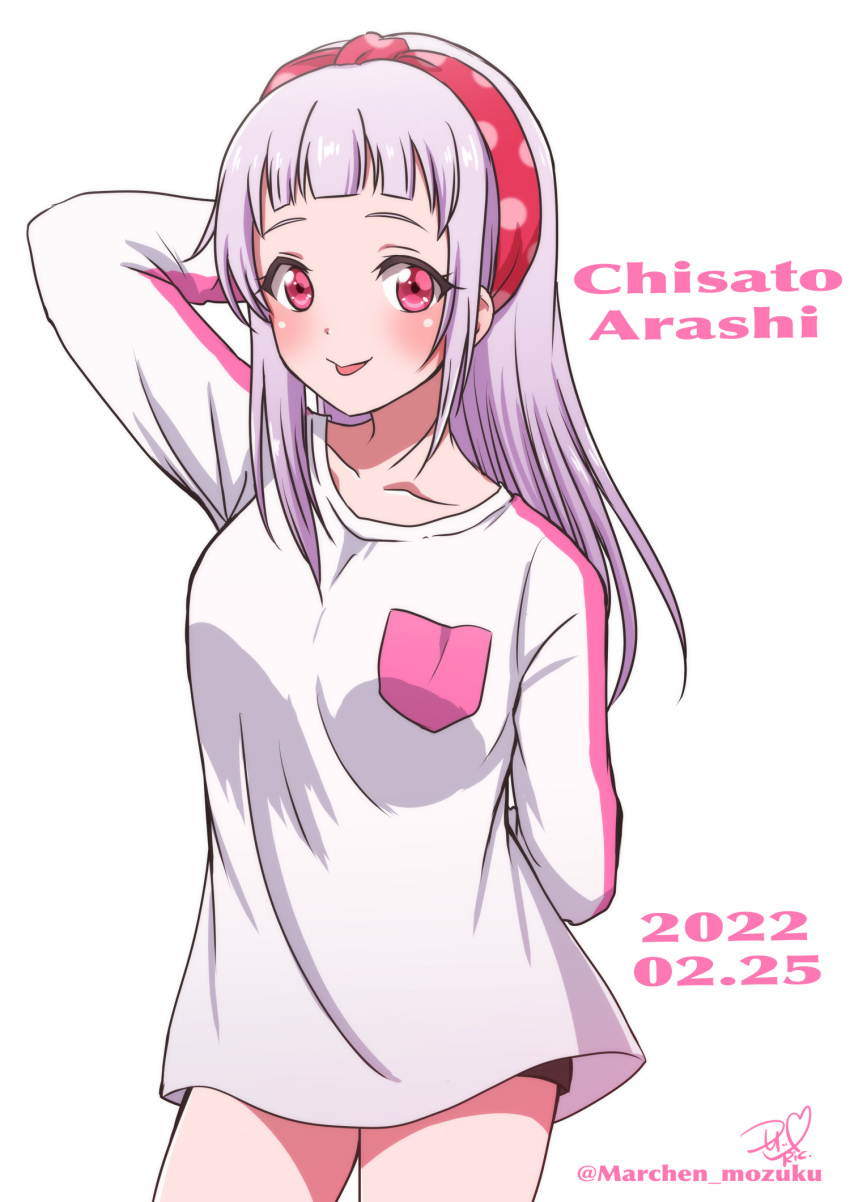 1girl arashi_chisato bangs birthday blush breasts character_name collarbone commentary dated english_text hair_down hairband highres long_hair looking_at_viewer love_live! love_live!_superstar!! medium_breasts polka_dot_hairband red_eyes ric_(fwpbox) signature single_sidelock solo tongue tongue_out twitter_username white_background white_hair