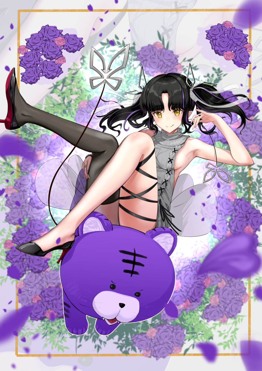 1girl absurdres armpits bangs black_footwear black_hair black_legwear black_ribbon blush breasts closed_mouth commentary_request demon_girl demon_horns demon_tail eyebrows_visible_through_hair flower full_body grey_sweater high_heels highres horns kojo_anna leg_ribbon long_hair looking_at_viewer medium_breasts meme_attire multicolored_hair official_alternate_costume parted_bangs petals pointy_ears purple_flower purple_hair ribbon rose sankyo_(821-scoville) sideboob single_thighhigh smile solo stuffed_animal stuffed_tiger stuffed_toy sugar_lyric sweater tail thighhighs two-tone_hair two_side_up virgin_killer_sweater virtual_youtuber yellow_eyes