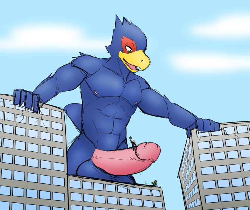 avian bird blue_body building city erection falco_lombardi genitals hi_res jrjresq looking_down macro nintendo penile penis penis_riding siman-clifton star_fox video_games