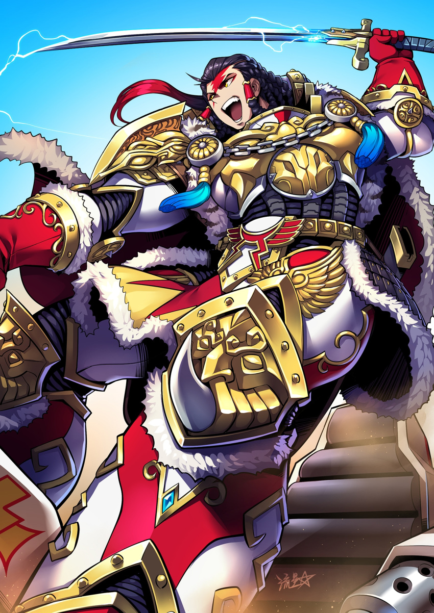 1girl armor black_hair braid chain gauntlets genderswap genderswap_(mtf) hair_tubes highres holding holding_sword holding_weapon hover_bike imperium_of_man jaghatai_khan md5_mismatch multicolored_hair power_armor red_hair ryuusei_(mark_ii) scar scar_on_face signature solo sword tassel tied_hair warhammer_40k weapon white_armor white_scars yellow_eyes