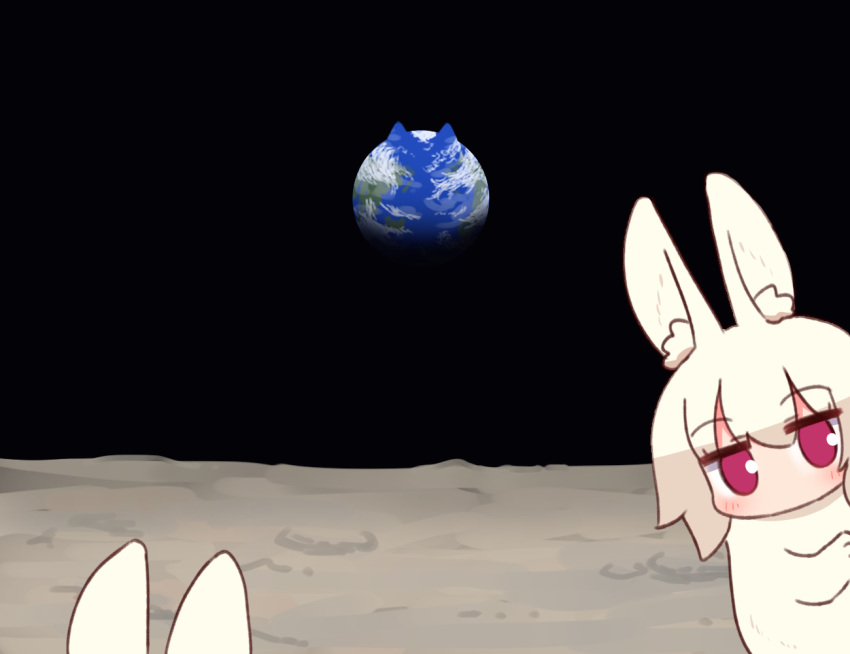 2girls animal animalization bangs bunny earth_(planet) eyebrows_visible_through_hair hair_between_eyes kemomimi-chan_(naga_u) looking_at_viewer moon_rabbit multiple_girls naga_u original peeking_out planet red_eyes revision space white_hair