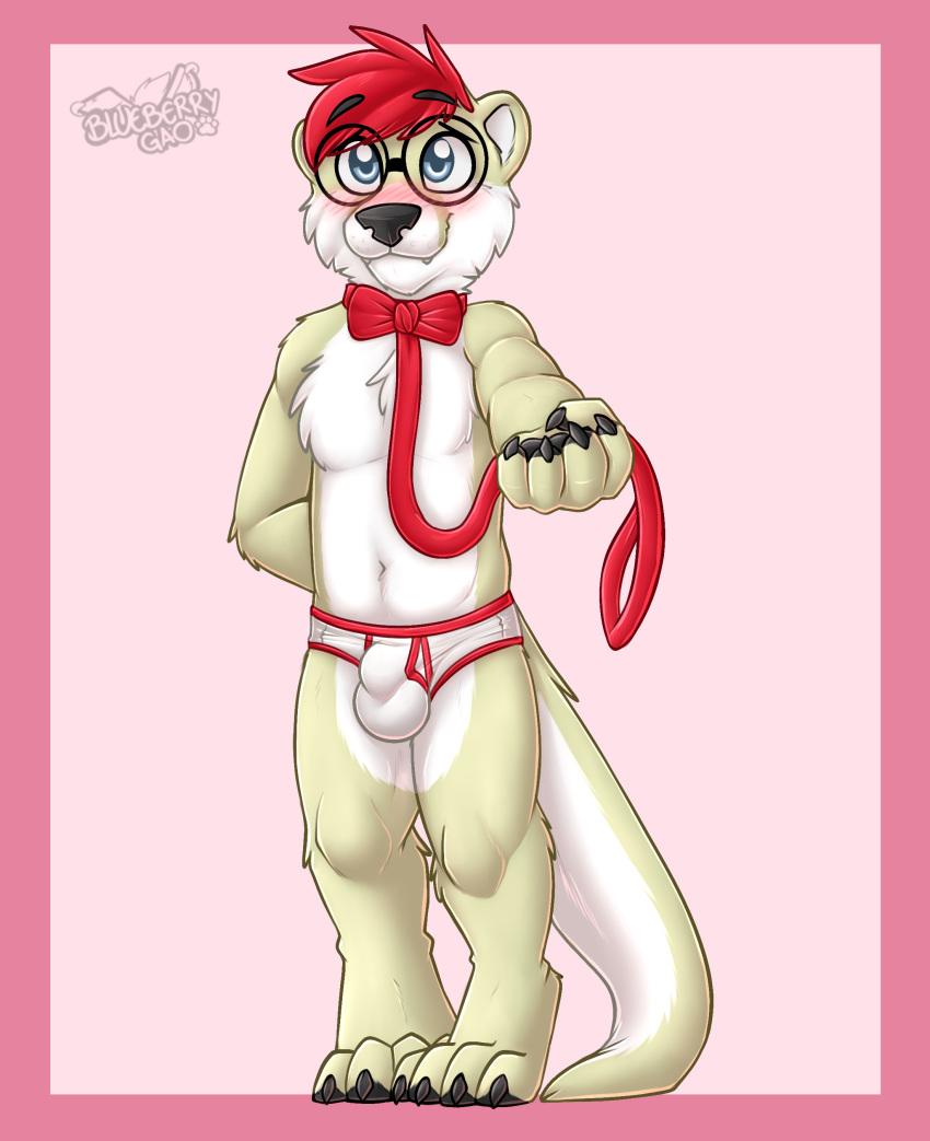 absurd_res aka_the_otter anthro blush bow_tie briefs bulge clothing detailed_bulge eyewear gaokun glasses hi_res leash lutrine male mammal mustelid solo solo_focus tighty_whities underwear white_clothing white_underwear