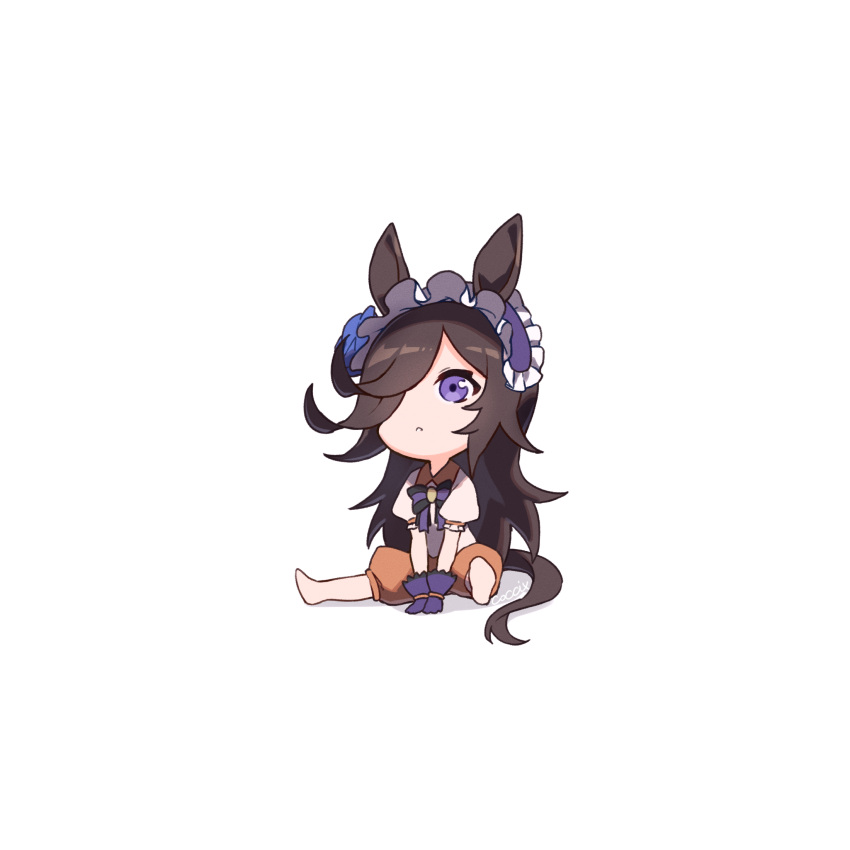 1girl :c animal_ears artist_name bangs barefoot brown_hair chibi frilled_hairband frills full_body gloves hairband highres horse_ears horse_girl horse_tail legs_apart long_hair mazac no_nose orange_shorts purple_eyes purple_gloves rice_shower_(umamusume) shadow shirt shorts simple_background sitting solo tail umamusume white_background white_shirt