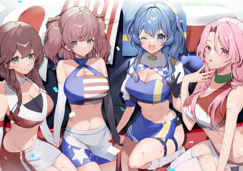 4girls alternate_costume alternate_hairstyle american_flag american_flag_print arm_warmers atlanta_(kancolle) bangs black_gloves blue_eyes blue_hair boots braid breasts brown_hair checkered_clothes cleavage cleavage_cutout clothing_cutout commentary confetti cowboy_shot crop_top eyebrows_visible_through_hair flag flag_print gloves gotland_(kancolle) green_eyes grey_eyes hair_between_eyes half_gloves halterneck high_heels highleg highleg_panties highres italian_flag japanese_flag kantai_collection large_breasts long_hair looking_at_viewer low_twintails luigi_di_savoia_duca_degli_abruzzi_(kancolle) midriff miniskirt mole mole_under_eye multiple_girls navel noshiro_(kancolle) official_alternate_costume open_mouth panties parted_lips picoli1313 pink_eyes pink_hair ponytail race_queen sidelocks sitting skirt sleeveless smile star_(symbol) swedish_flag swept_bangs thigh_strap thighhighs twin_braids twintails two_side_up underwear white_legwear white_panties