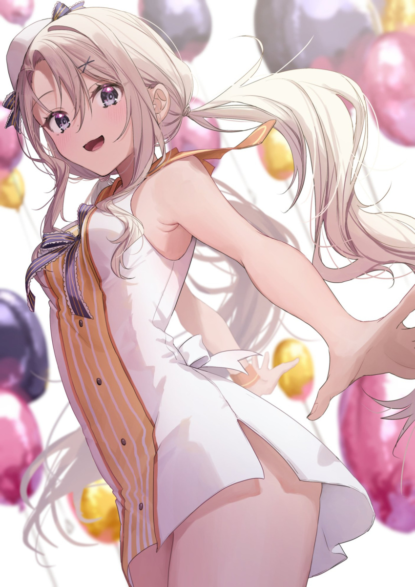 1girl armpits balloon beret blonde_hair blue_eyes blush breasts chigusa_minori commentary_request dress eyebrows_visible_through_hair hat highres looking_at_viewer medium_breasts open_mouth original outstretched_arms ribbon short_dress smile thighs twintails white_dress