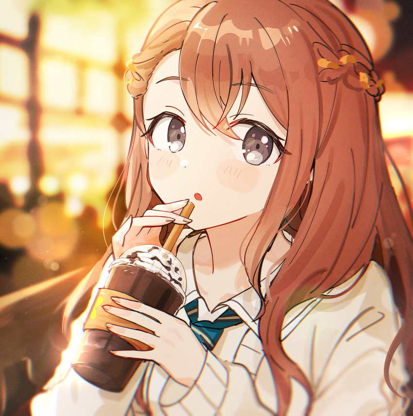 1girl absurdres aqua_necktie bangs blurry blurry_background blush_stickers braid brown_hair brown_theme cardigan chromatic_aberration cup disposable_cup dot_nose drink drinking_straw expressionless eyebrows_visible_through_hair eyelashes facing_viewer fingernails french_braid glint grey_eyes hanasato_minori highres holding holding_cup lens_flare light_blush light_particles long_hair necktie parted_lips pjmiyo project_sekai sailor_collar shiny shiny_hair sideways_glance solo striped striped_necktie swept_bangs syrup triple_horizontal_stripe wavy_hair white_sailor_collar yellow_cardigan yellow_theme