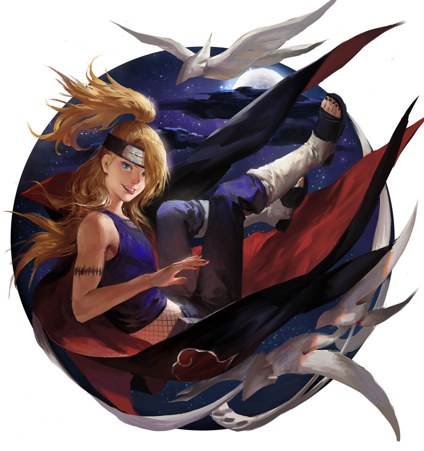 1girl akatsuki_(naruto) akatsuki_uniform bangs black_cloak black_nails black_pants black_shirt blonde_hair blue_eyes cdash817 clay cloak cloud cloudy_sky deidara_(naruto) forehead_protector full_body full_moon grin hair_over_one_eye highres long_hair moon nail_polish naruto_(series) naruto_shippuuden ninja outdoors pants ponytail sandals shirt sky sleeveless sleeveless_shirt smile solo teeth toes tongue tongue_out