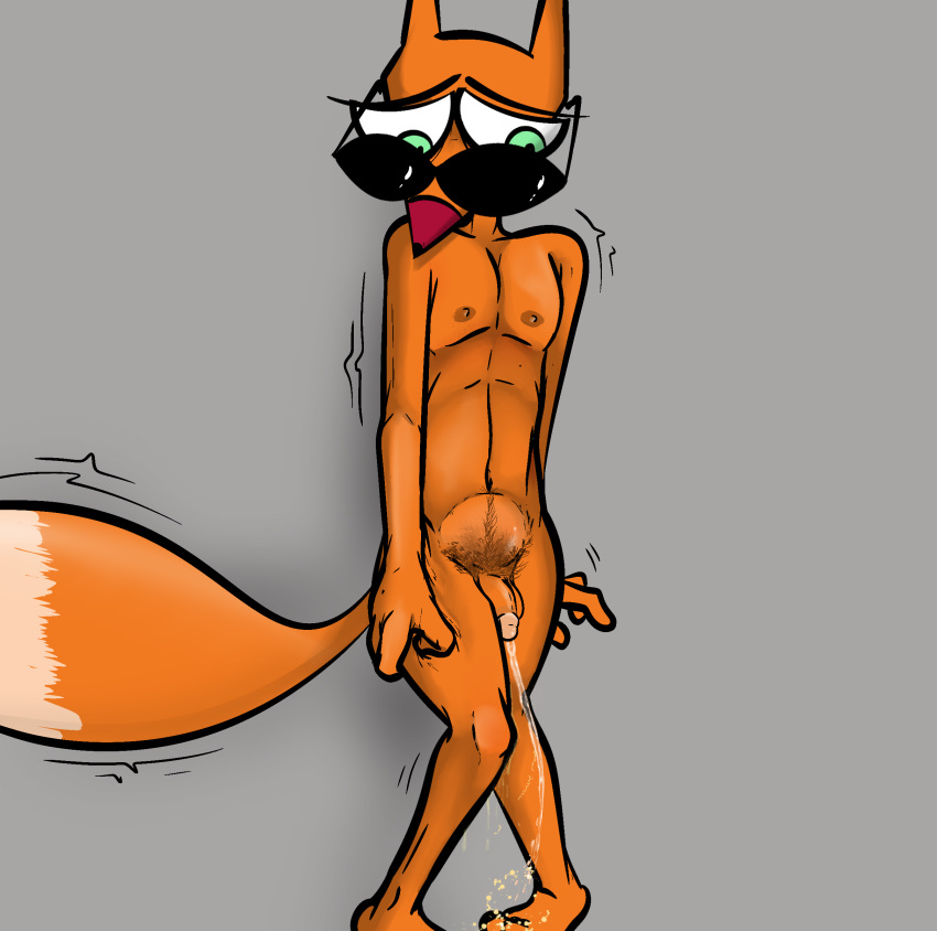 absurd_res anthro bladder_bulge bodily_fluids canid canine cartoon_network courage_the_cowardly_dog desperation fox genital_fluids hi_res illegaleel male mammal nipples nude omorashi peeing shaking solo the_cajun_fox urine wetting