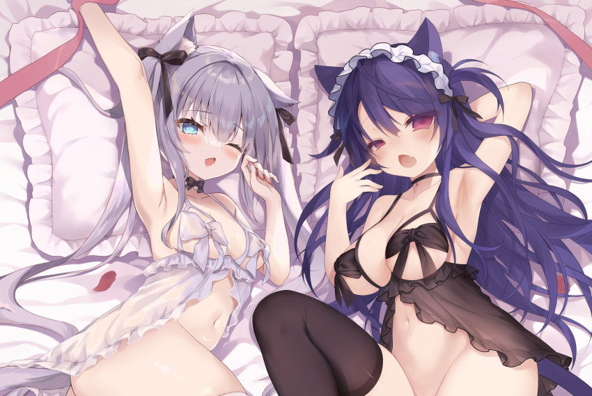 2girls animal_ears armpits babydoll bed bed_sheet black_babydoll black_legwear blue_eyes blue_hair blush bow breasts cat_ears cat_girl cat_tail choker commentary_request fang hair_bow highres honoka_chiffon long_hair looking_at_viewer maid_headdress medium_breasts multiple_girls navel no_panties one_eye_closed open_mouth original petals pillow red_eyes ribbon silver_hair small_breasts stretched_limb tail thighhighs twintails white_babydoll white_legwear yawning