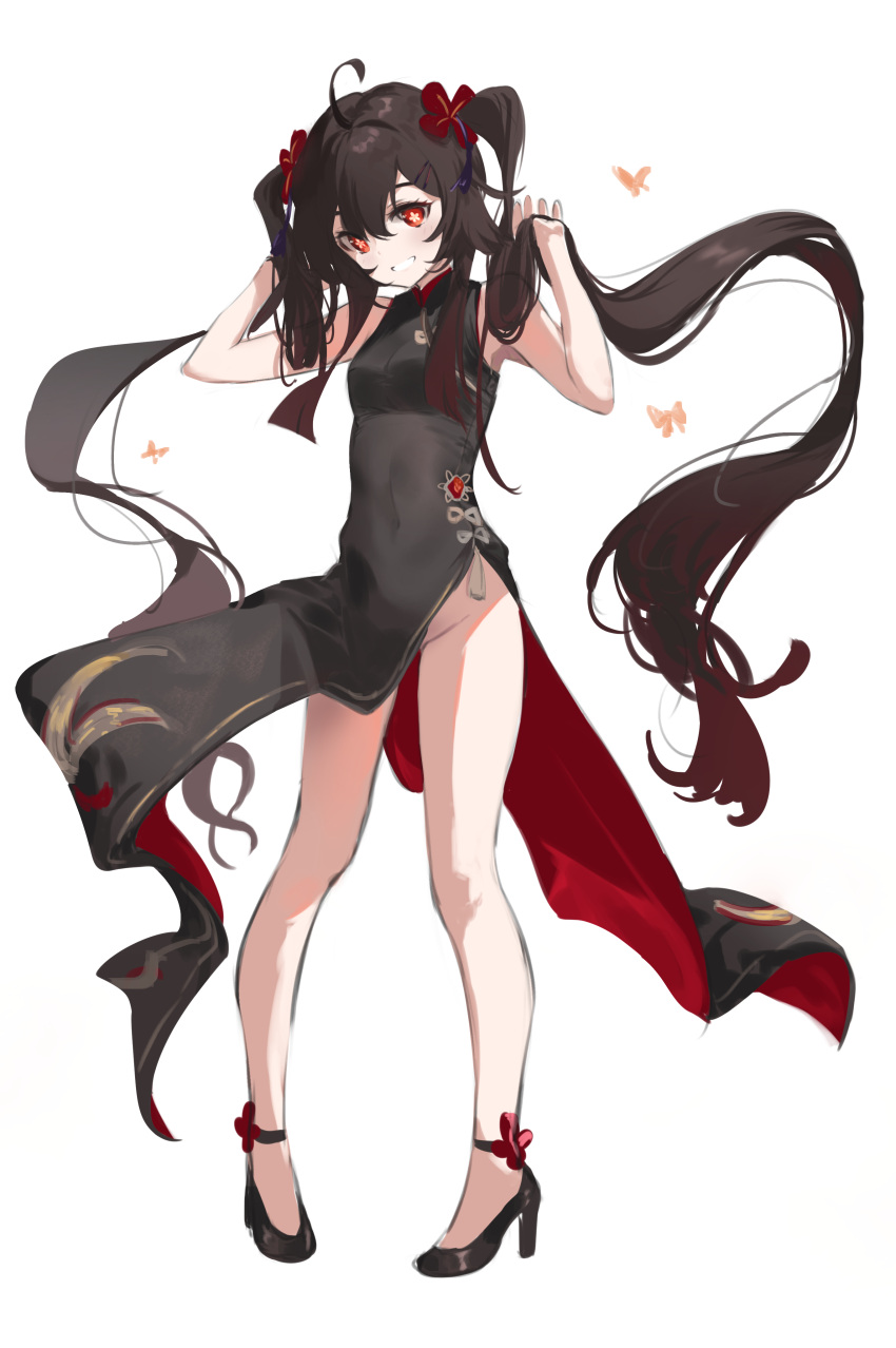 1girl absurdres bare_arms bare_legs black_dress brown_hair china_dress chinese_clothes dress full_body genshin_impact hand_in_hair high_heels highres hu_tao_(genshin_impact) legs red_eyes simple_background sleeveless sleeveless_dress smile solo symbol-shaped_pupils timo_wei95 twintails white_background