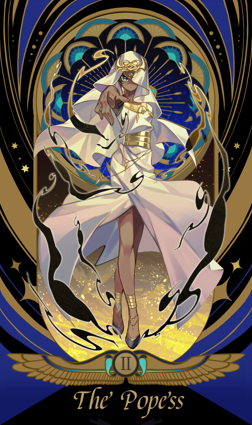 1girl absurdres armlet black_hair blue_eyes border breasts dark-skinned_female dark_skin dress egyptian english_text full_body highres ishizu_ishtar looking_at_viewer millennium_necklace pointing pointing_at_viewer roman_numeral sleeveless sleeveless_dress solo ssbaby tarot the_high_priestess_(tarot) yu-gi-oh! yu-gi-oh!_duel_monsters